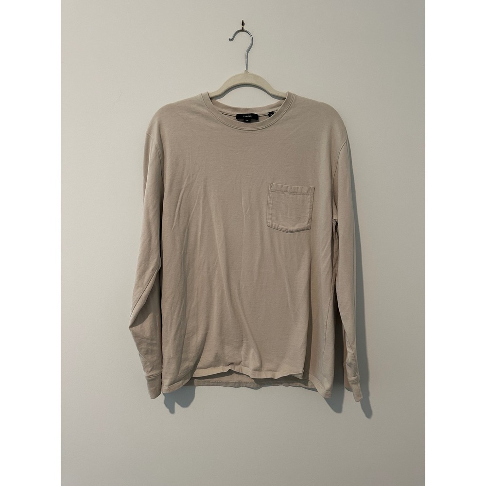 Vince Mens Tan Beige Long Sleeve Pocket T-Shirt Size Medium Cotton Crew Neck